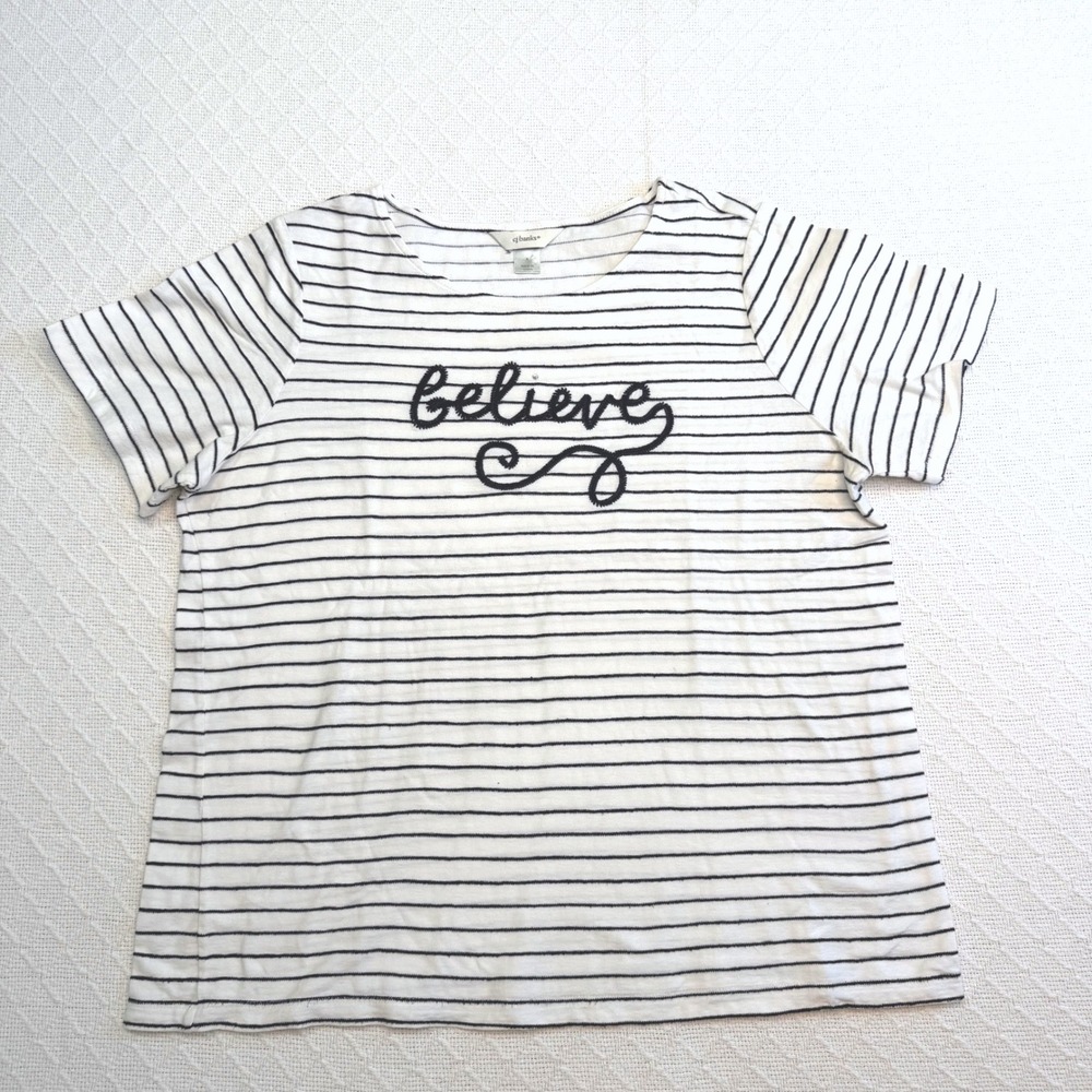 CJ Banks Women X Navy White Striped Believe Embroidered Short Sleeve Top